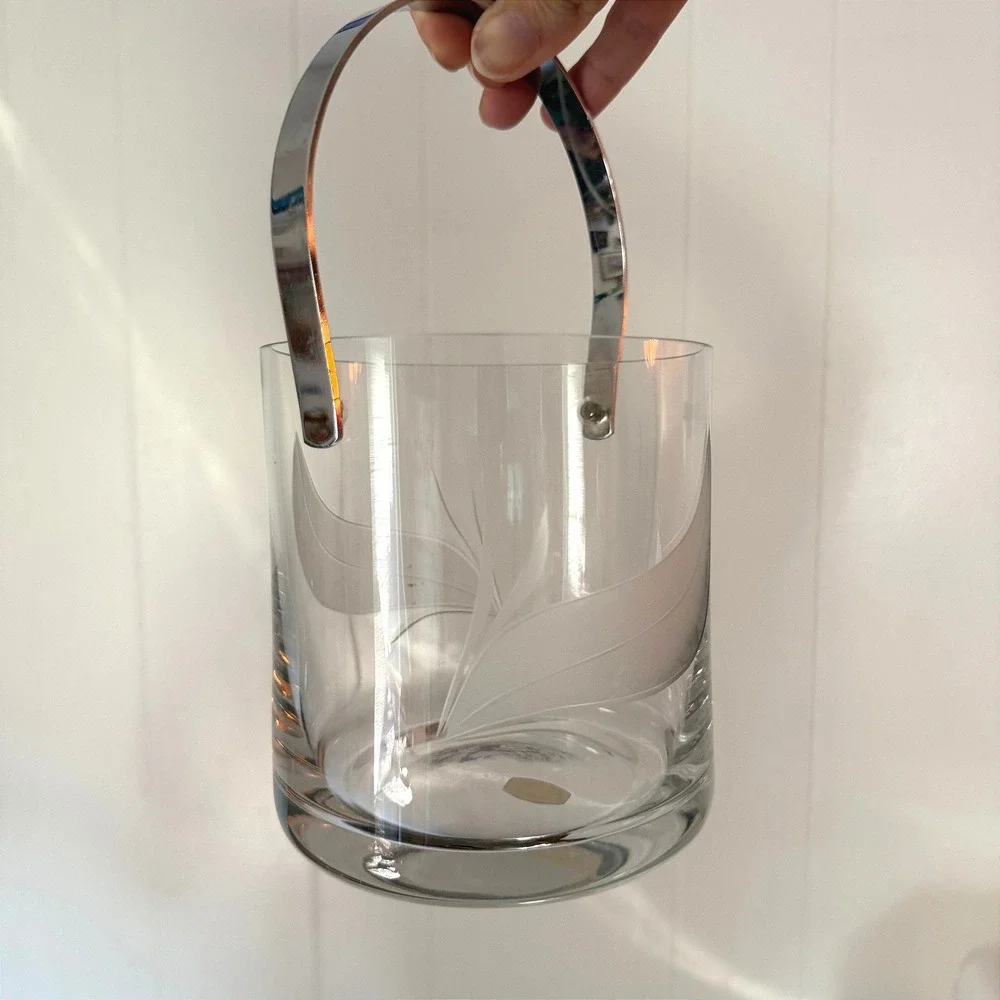 Made in Portugal Etched Glass Ice Bucket Air Bubbles Leaf Barware Vintage 5in